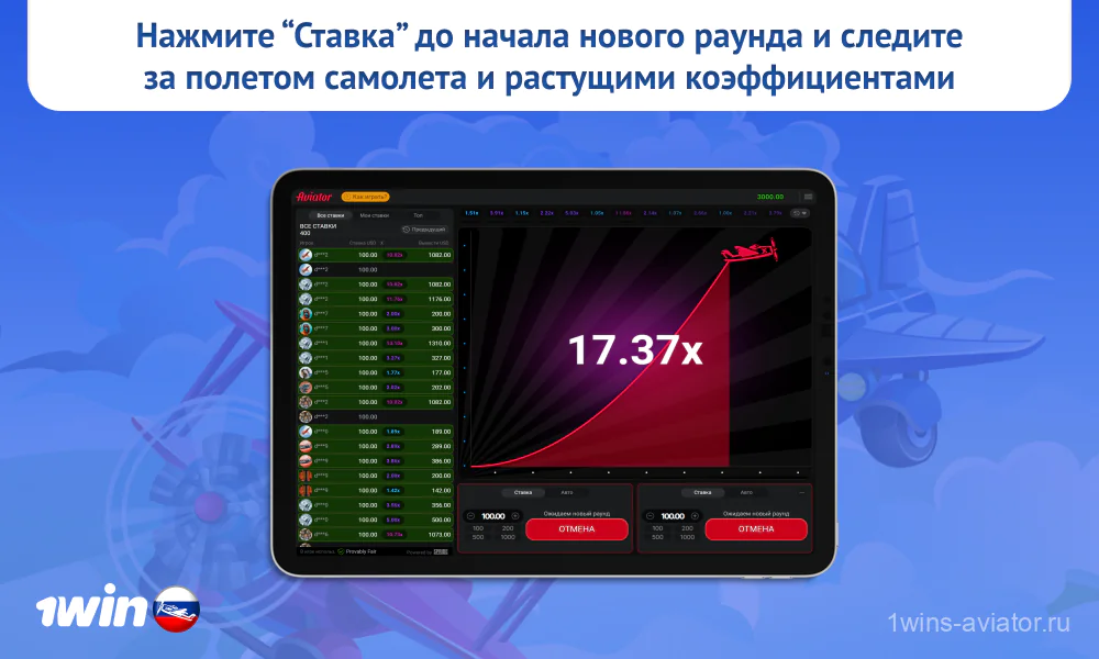 До начала нового раунда в Авиатор 1вин игрокам нужно сделать ставку, а затем следить за ростом коэффициента